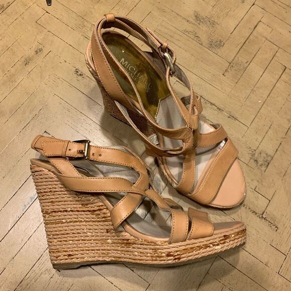 MICHAEL Kors Tan Strappy Wedge Sandals Size 9 - Picture 1 of 12